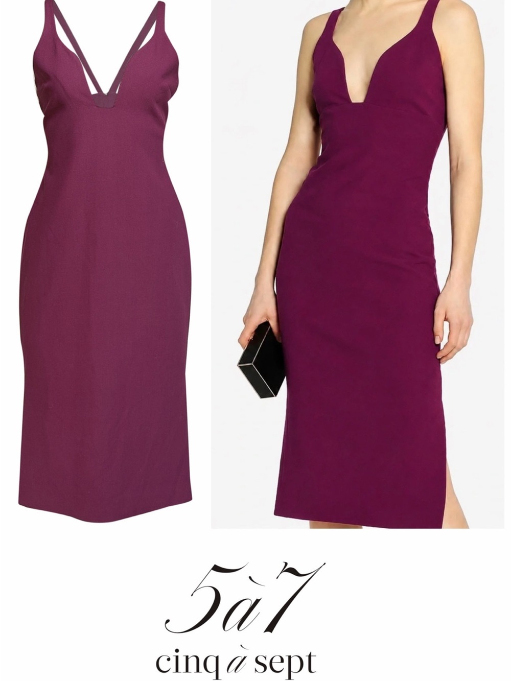 Cinq à Sept Plunge Neck Sheath Crepe Midi Dress in Deep Plum Size 4